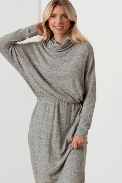 Turtle Neck Elastic Waist Long Sleeve Midi Dress